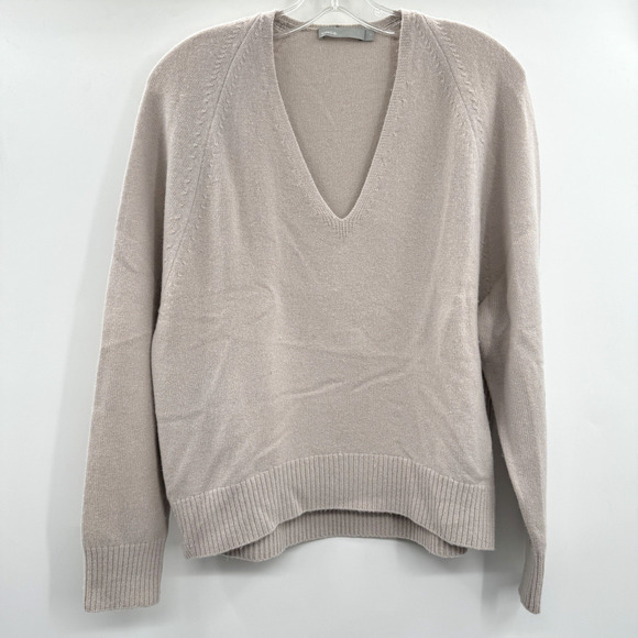 Vince Sweaters - Vince 100% Cashmere V-Neck Sweater Sz L Taupe Tan Quiet Luxury Old Money Office